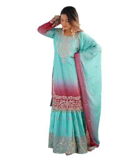 Women's Chinon Silk Sequence with Rivet Moti Work Straight Kurta with Sharara and Dupatta Set