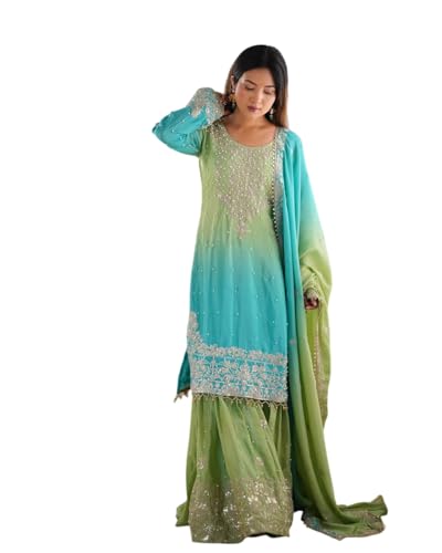 Women's Chinon Silk Sequence with Rivet Moti Work Straight Kurta with Sharara and Dupatta Set