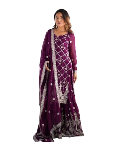 Women's Chinon Silk Sequence with Rivet Moti Work Straight Kurta with Sharara and Dupatta Set