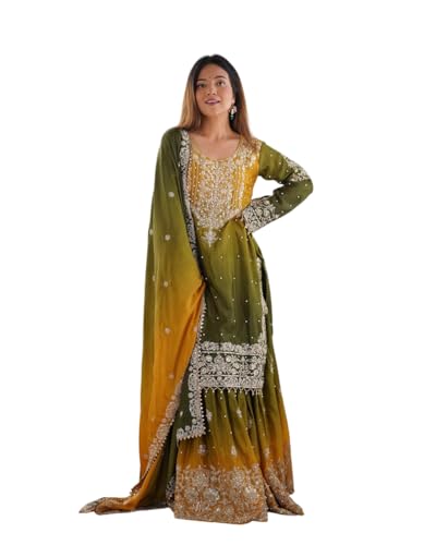 Women's Chinon Silk Sequence with Rivet Moti Work Straight Kurta with Sharara and Dupatta Set