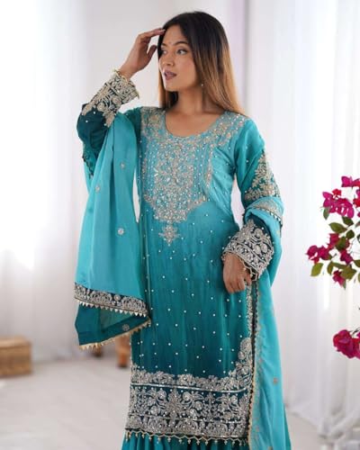 Women's Chinon Silk Sequence with Rivet Moti Work Straight Kurta with Sharara and Dupatta Set