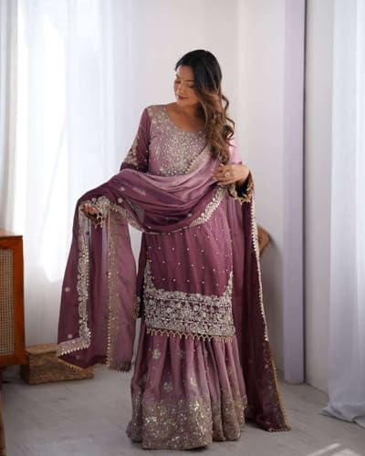 Women's Chinon Silk Sequence with Rivet Moti Work Straight Kurta with Sharara and Dupatta Set