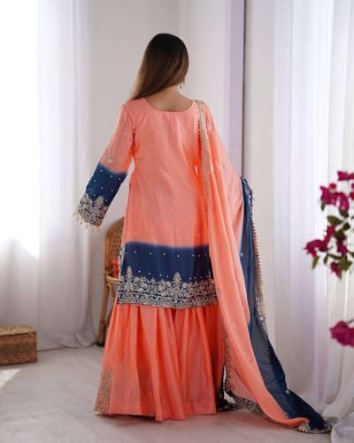 Women's Chinon Silk Sequence with Rivet Moti Work Straight Kurta with Sharara and Dupatta Set