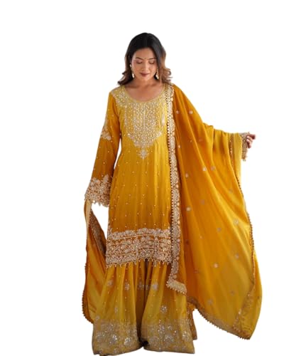 Women's Chinon Silk Sequence with Rivet Moti Work Straight Kurta with Sharara and Dupatta Set