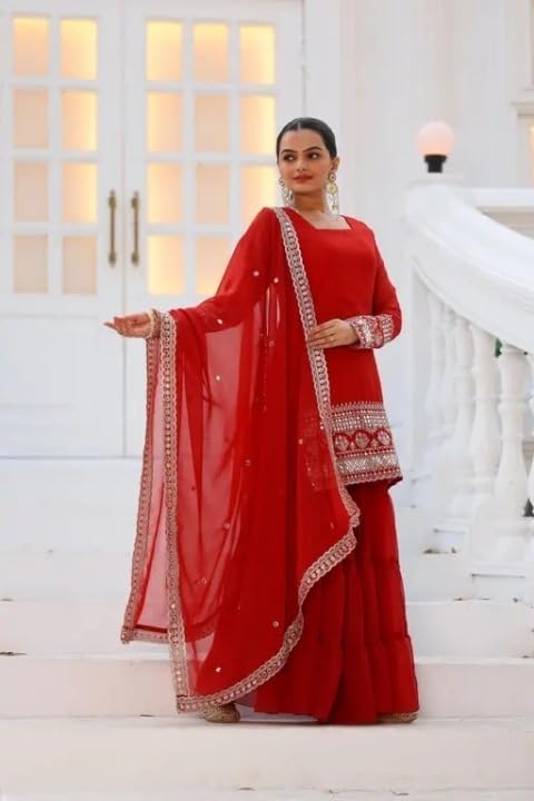 Royal Blue Embellished Sahara with Square Neck Top, sharara and Dupatta, Traditional Indian Wear