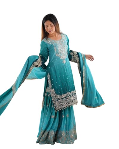Women's Chinon Silk Sequence with Rivet Moti Work Straight Kurta with Sharara and Dupatta Set