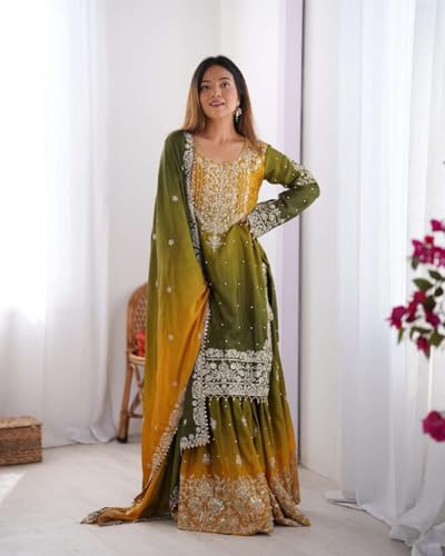 Women's Chinon Silk Sequence with Rivet Moti Work Straight Kurta with Sharara and Dupatta Set