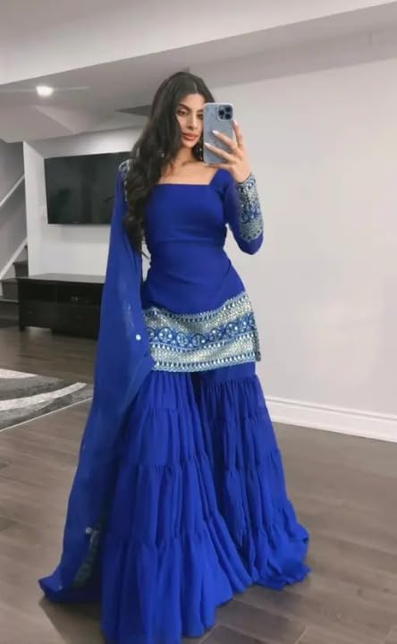 Royal Blue Embellished Sahara with Square Neck Top, sharara and Dupatta, Traditional Indian Wear