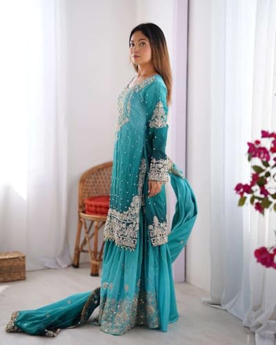 Women's Chinon Silk Sequence with Rivet Moti Work Straight Kurta with Sharara and Dupatta Set