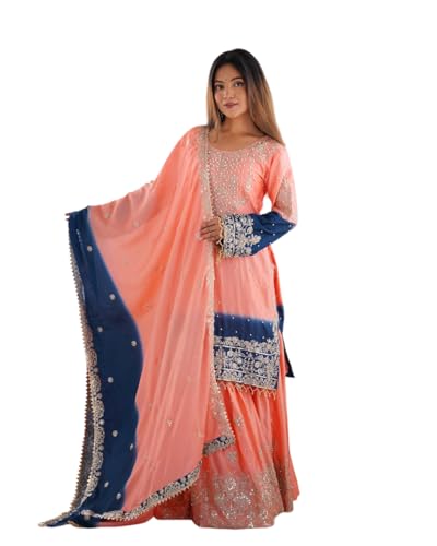 Women's Chinon Silk Sequence with Rivet Moti Work Straight Kurta with Sharara and Dupatta Set