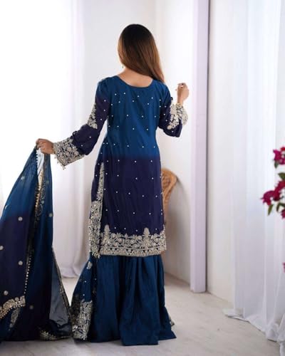 Women's Chinon Silk Sequence with Rivet Moti Work Straight Kurta with Sharara and Dupatta Set