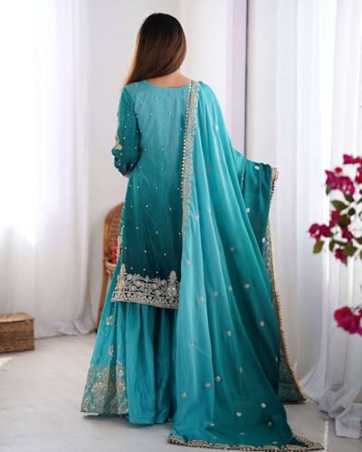 Women's Chinon Silk Sequence with Rivet Moti Work Straight Kurta with Sharara and Dupatta Set