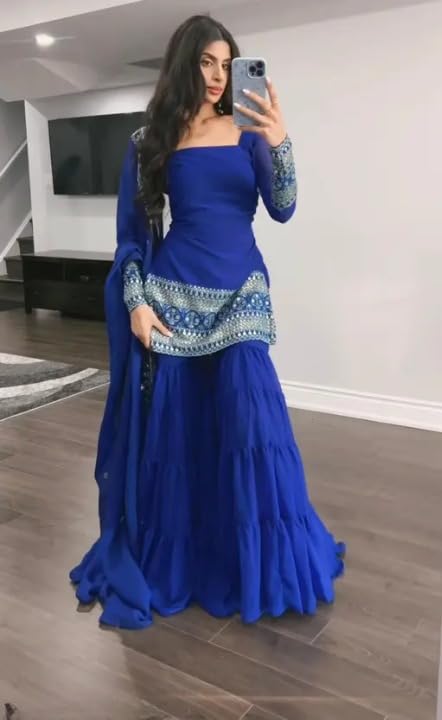 Royal Blue Embellished Sahara with Square Neck Top, sharara and Dupatta, Traditional Indian Wear