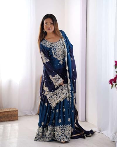 Women's Chinon Silk Sequence with Rivet Moti Work Straight Kurta with Sharara and Dupatta Set