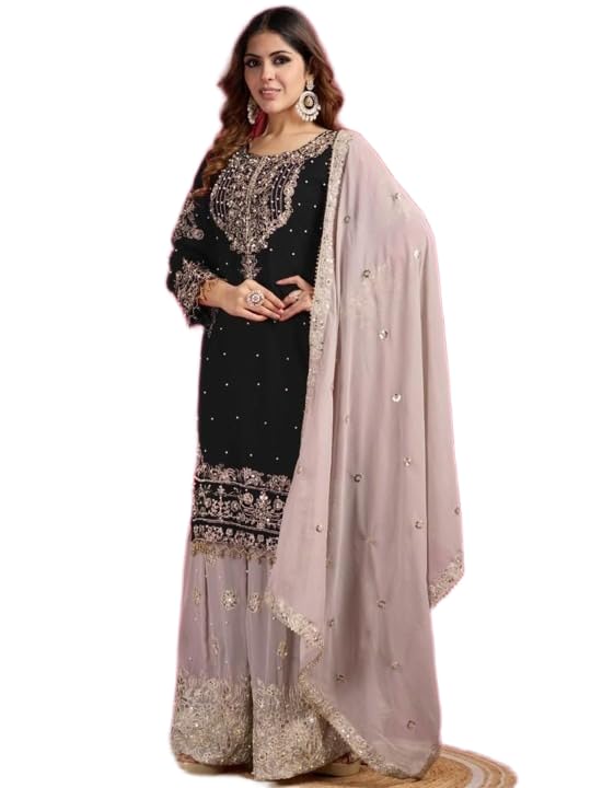 Women's Embroidered Anarkali Kurta with Sharara & Dupatta - Women Croset Embroidered Kurta and Sharara Set with Dupatta
