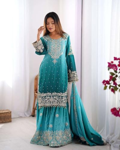 Women's Chinon Silk Sequence with Rivet Moti Work Straight Kurta with Sharara and Dupatta Set