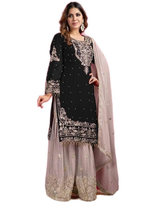 Women's Embroidered Anarkali Kurta with Sharara & Dupatta - Women Croset Embroidered Kurta and Sharara Set with Dupatta