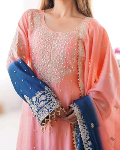 Women's Chinon Silk Sequence with Rivet Moti Work Straight Kurta with Sharara and Dupatta Set