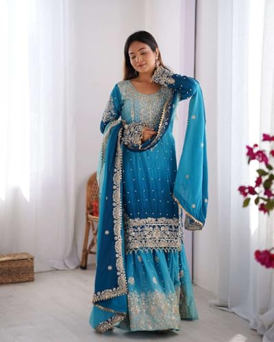Women's Chinon Silk Sequence with Rivet Moti Work Straight Kurta with Sharara and Dupatta Set
