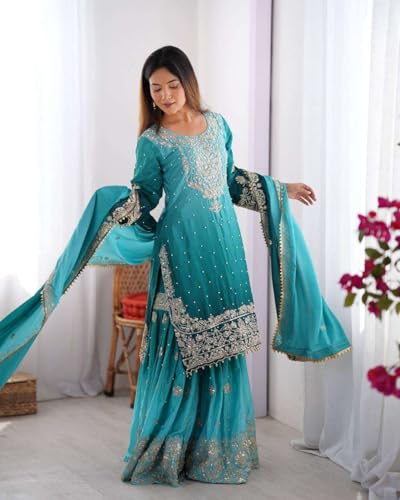Women's Chinon Silk Sequence with Rivet Moti Work Straight Kurta with Sharara and Dupatta Set