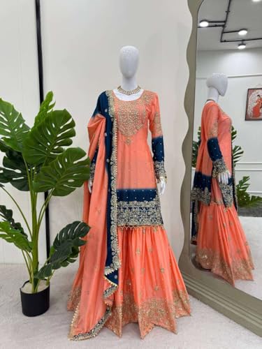 Women's Chinon Silk Sequence with Rivet Moti Work Straight Kurta with Sharara and Dupatta Set