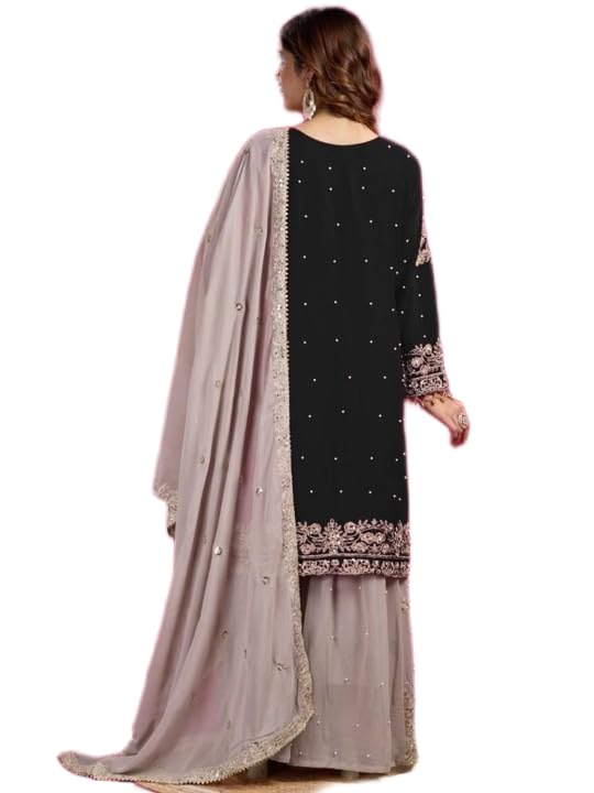 Women's Embroidered Anarkali Kurta with Sharara & Dupatta - Women Croset Embroidered Kurta and Sharara Set with Dupatta