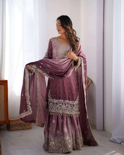 Women's Chinon Silk Sequence with Rivet Moti Work Straight Kurta with Sharara and Dupatta Set