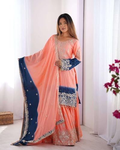 Women's Chinon Silk Sequence with Rivet Moti Work Straight Kurta with Sharara and Dupatta Set