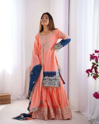 Women's Chinon Silk Sequence with Rivet Moti Work Straight Kurta with Sharara and Dupatta Set