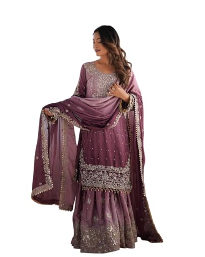 Women's Chinon Silk Sequence with Rivet Moti Work Straight Kurta with Sharara and Dupatta Set