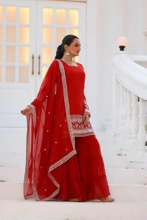 Royal Blue Embellished Sahara with Square Neck Top, sharara and Dupatta, Traditional Indian Wear