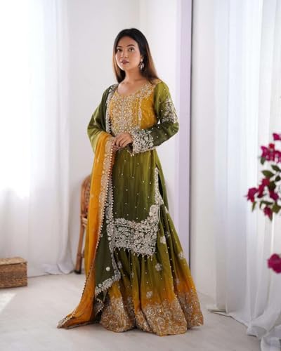 Women's Chinon Silk Sequence with Rivet Moti Work Straight Kurta with Sharara and Dupatta Set
