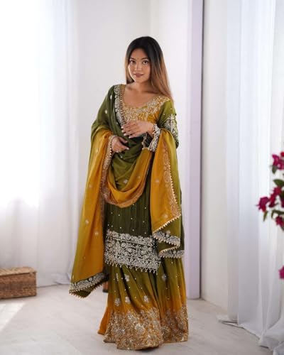 Women's Chinon Silk Sequence with Rivet Moti Work Straight Kurta with Sharara and Dupatta Set