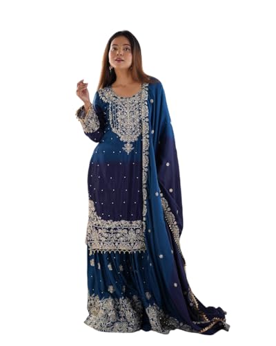 Women's Chinon Silk Sequence with Rivet Moti Work Straight Kurta with Sharara and Dupatta Set