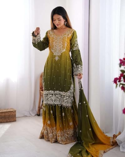 Women's Chinon Silk Sequence with Rivet Moti Work Straight Kurta with Sharara and Dupatta Set