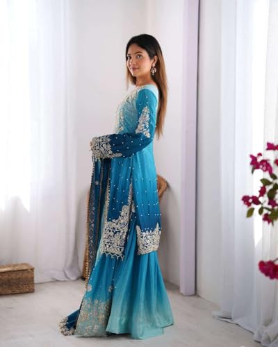 Women's Chinon Silk Sequence with Rivet Moti Work Straight Kurta with Sharara and Dupatta Set