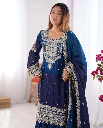 Women's Chinon Silk Sequence with Rivet Moti Work Straight Kurta with Sharara and Dupatta Set