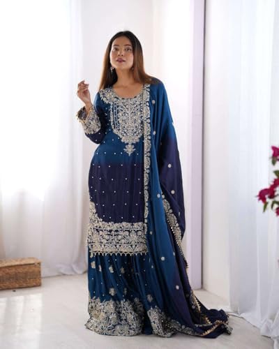 Women's Chinon Silk Sequence with Rivet Moti Work Straight Kurta with Sharara and Dupatta Set