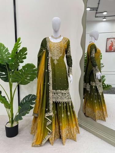 Women's Chinon Silk Sequence with Rivet Moti Work Straight Kurta with Sharara and Dupatta Set