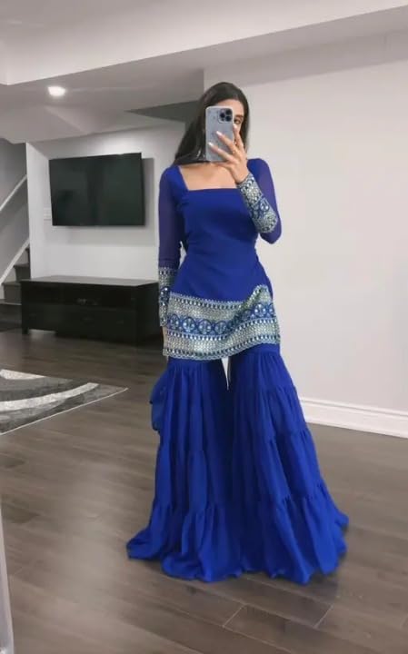 Royal Blue Embellished Sahara with Square Neck Top, sharara and Dupatta, Traditional Indian Wear