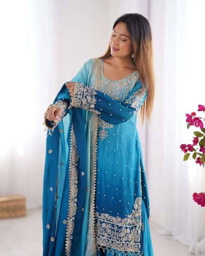 Women's Chinon Silk Sequence with Rivet Moti Work Straight Kurta with Sharara and Dupatta Set