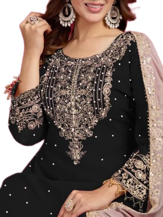 Women's Embroidered Anarkali Kurta with Sharara & Dupatta - Women Croset Embroidered Kurta and Sharara Set with Dupatta