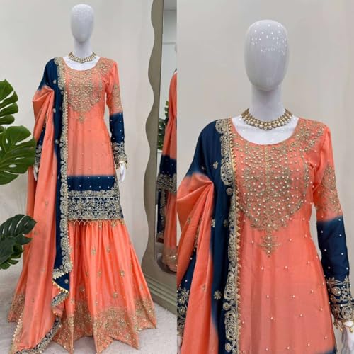 Women's Chinon Silk Sequence with Rivet Moti Work Straight Kurta with Sharara and Dupatta Set