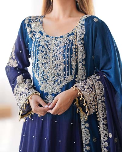 Women's Chinon Silk Sequence with Rivet Moti Work Straight Kurta with Sharara and Dupatta Set