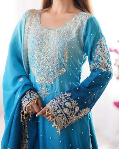 Women's Chinon Silk Sequence with Rivet Moti Work Straight Kurta with Sharara and Dupatta Set