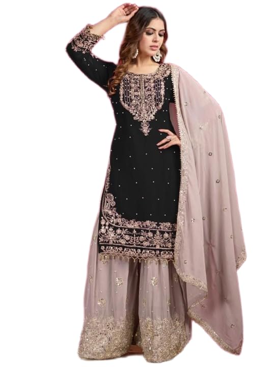 Women's Embroidered Anarkali Kurta with Sharara & Dupatta - Women Croset Embroidered Kurta and Sharara Set with Dupatta