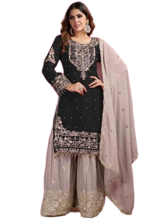 Women's Embroidered Anarkali Kurta with Sharara & Dupatta - Women Croset Embroidered Kurta and Sharara Set with Dupatta
