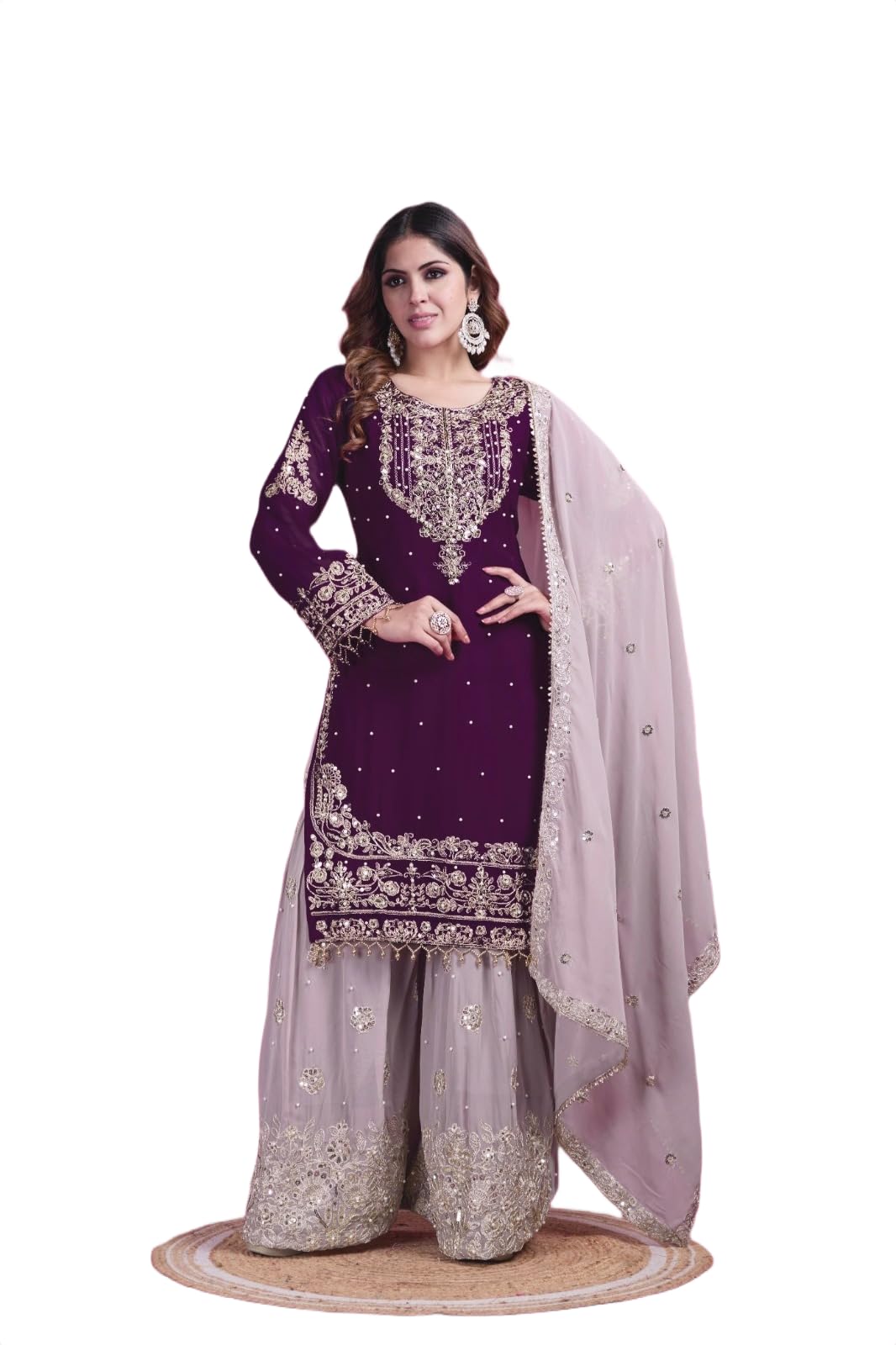 Women's Embroidered Anarkali Kurta with Sharara & Dupatta - Women Croset Embroidered Kurta and Sharara Set with Dupatta