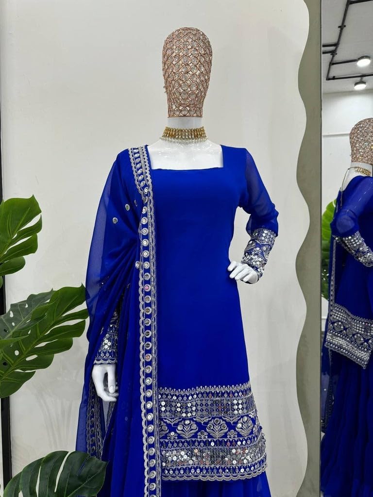 Royal Blue Embellished Sahara with Square Neck Top, sharara and Dupatta, Traditional Indian Wear