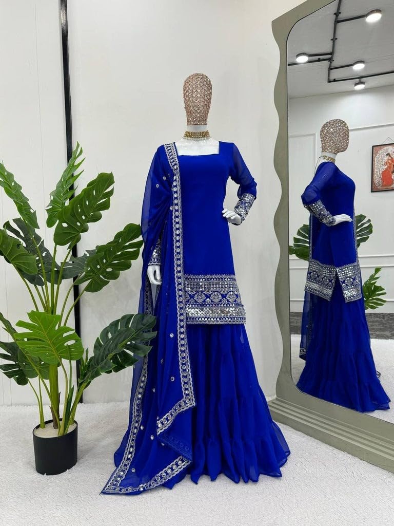 Royal Blue Embellished Sahara with Square Neck Top, sharara and Dupatta, Traditional Indian Wear